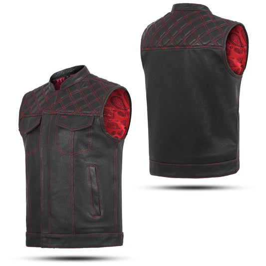 Premium Black Leather Vest – Red Diamond Stitch Edition