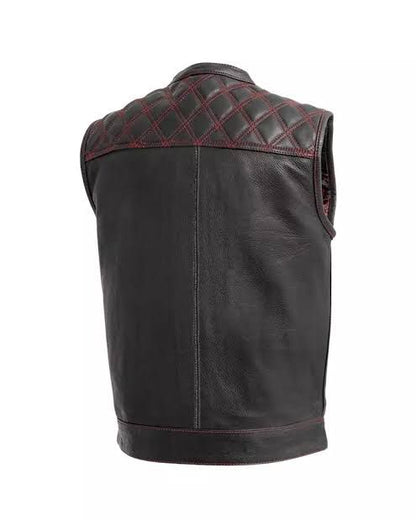 Premium Black Leather Vest – Red Diamond Stitch Edition