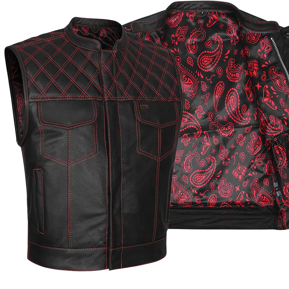 Premium Black Leather Vest – Red Diamond Stitch Edition