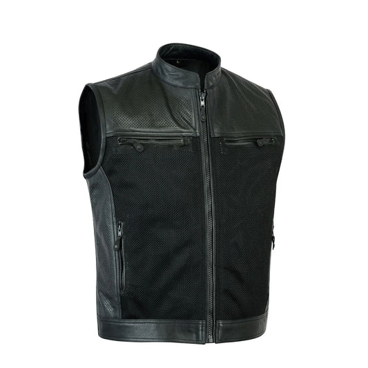 Men’s Black Perforated Leather Mesh Vest – Modern Moto Style