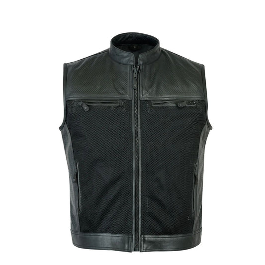 Men’s Black Perforated Leather Mesh Vest – Modern Moto Style