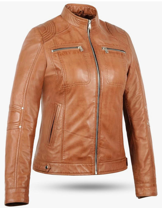Women’s Tan Leather Jacket – Modern Classic Fit