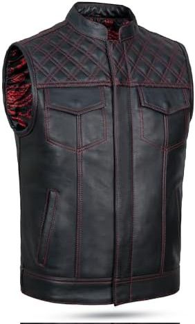Premium Black Leather Vest – Red Diamond Stitch Edition