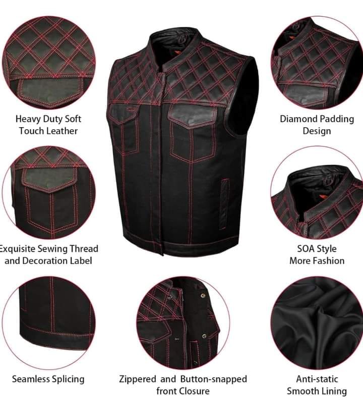 Premium Black Leather Vest – Red Diamond Stitch Edition