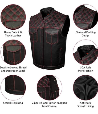 Premium Black Leather Vest – Red Diamond Stitch Edition